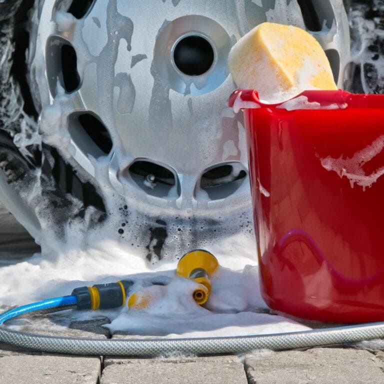 Closeup of a soapy car tire, a water hose and a red bucket in someone's driveway