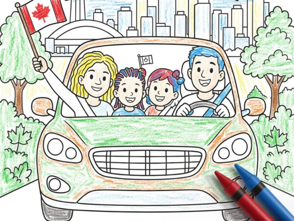 Colored drawing of a family in a car waving Canadian flags, with a city skyline background and crayons in the foreground