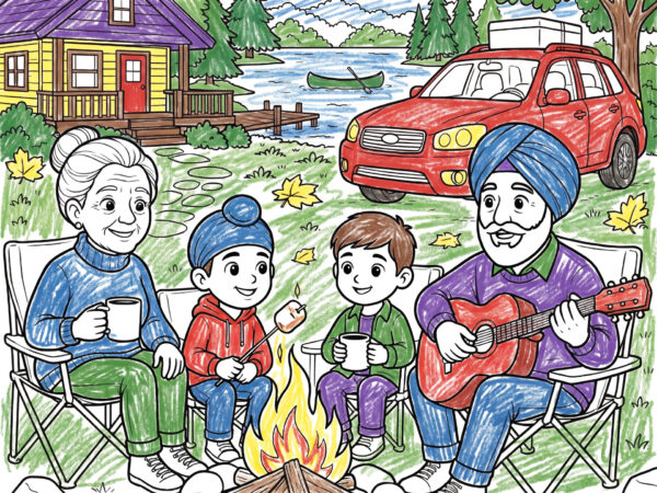 Colored drawing of grandparents and two grandsons around a campfire near a lake cabin, roasting marshmallows, drinking from mugs, and playing guitar, with a packed car parked nearby