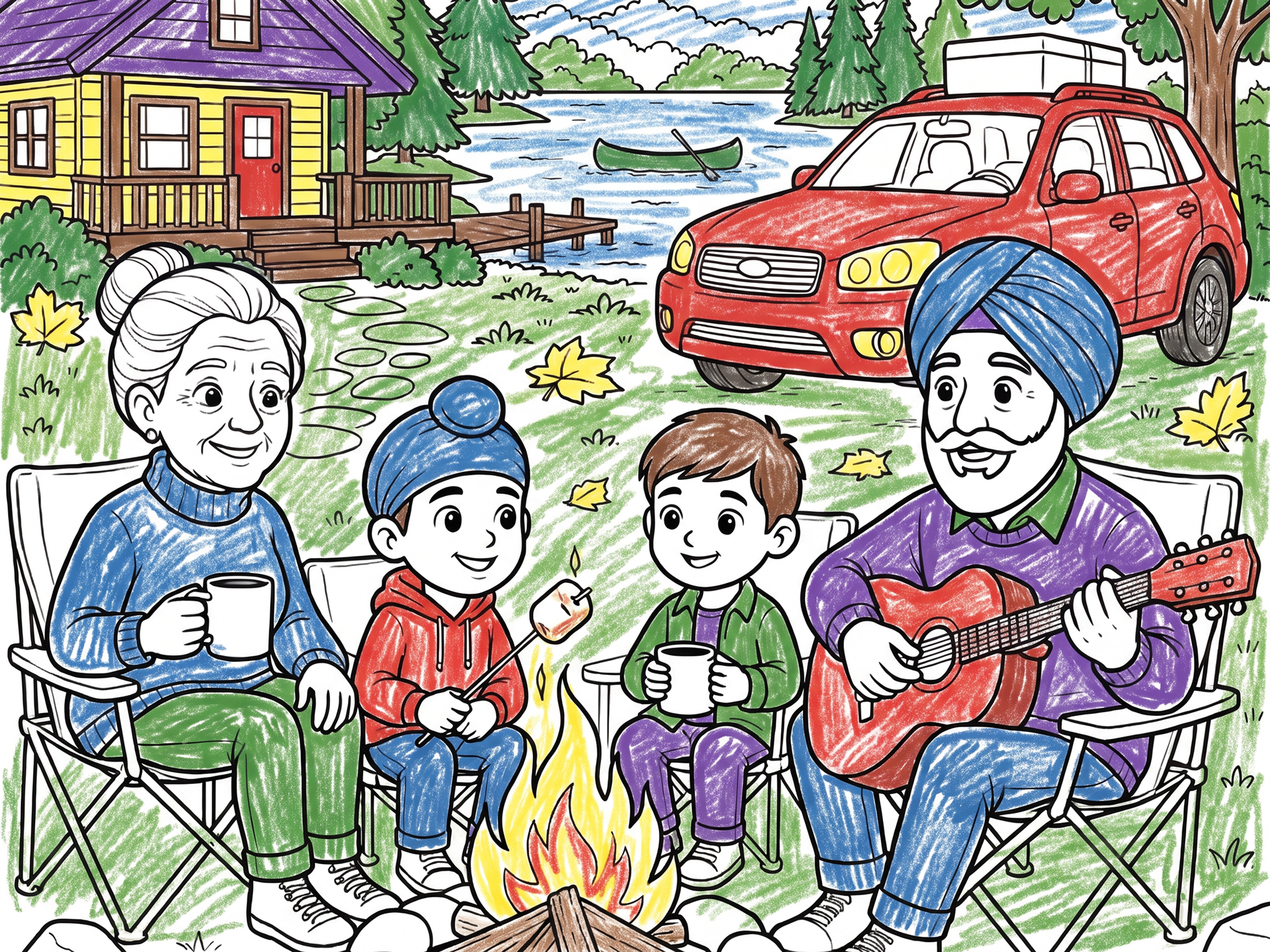Colored drawing of grandparents and two grandsons around a campfire near a lake cabin, roasting marshmallows, drinking from mugs, and playing guitar, with a packed car parked nearby
